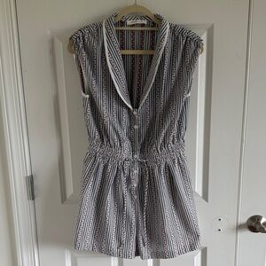 Mustard Seed Striped Sleeveless Romper in White, Navy & Red Floral Size  Small